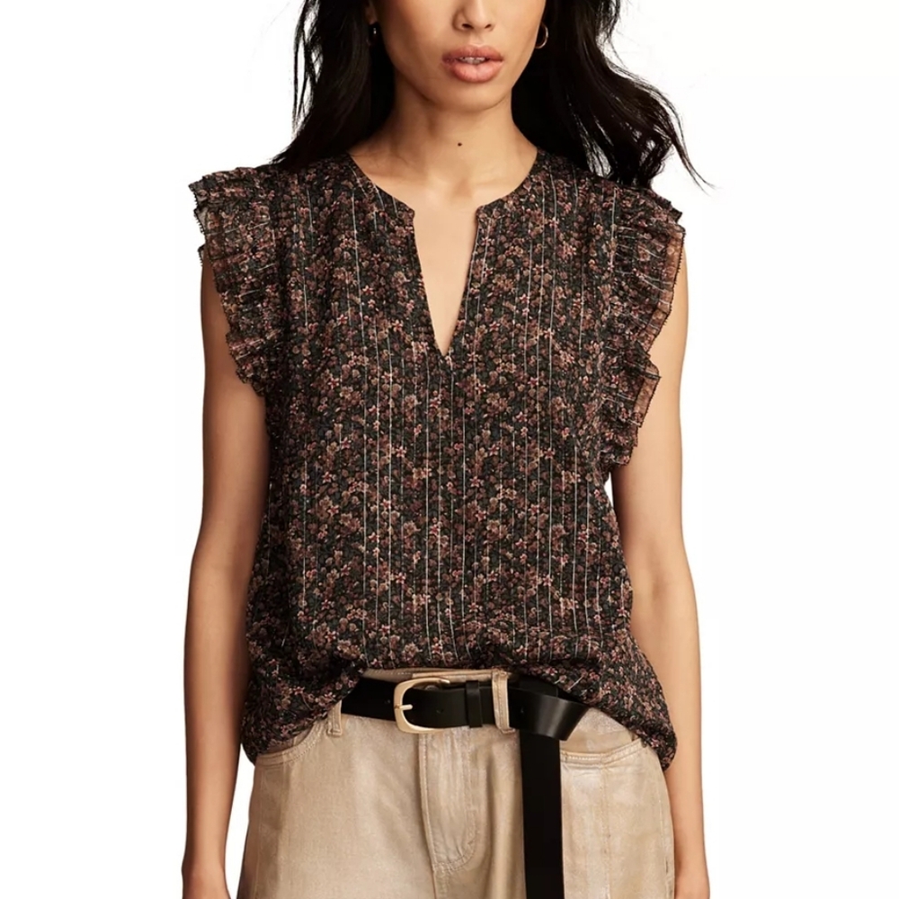 Lucky Brand Printed Notch Neck Ruffle Top - Sleeveless